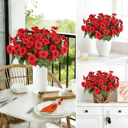 Artificial Flowers for Outdoors, Faux Petunias Spring Summer Decoration, Fake Flowers Plants UV Resistant Look Real Silk Flowers for Outside Planter Front Door Porch Patio Yard (6, Red) - color: Red