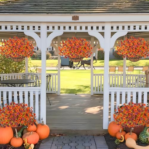 2 Pack Fall Artificial Hanging Flowers Baskets for Outdoors, UV Resistant Fake Fall Hanging Plants, Faux Orange Flowers for Autumn Patio Front Porch Balcony Decor (Orange Red) - color: Orange Red