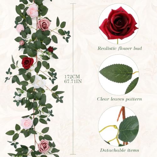 2 Pack 11.2 Ft Artificial Flower Garland with White Roses, Realistic Fake Greenery Vines with 17 Roses Flowers for Wedding Table Centerpieces Arch Party Ceremony Backdrop Decor (Mix RED) - color: Mix Red