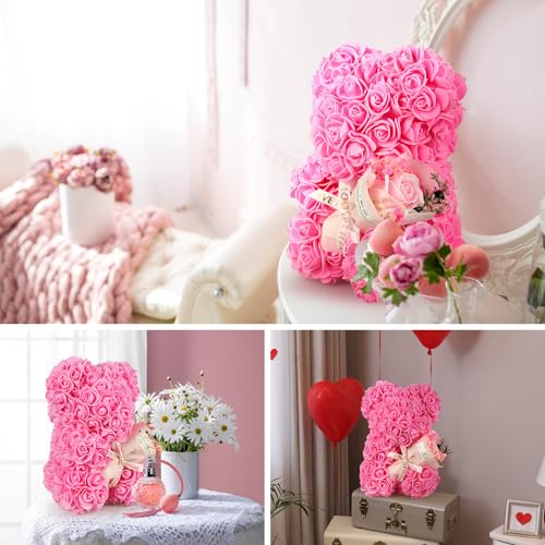 Mothers Day Rose Gifts for Mom Rose Bear Pink Teddy Bear Birthday Gifts for Women Wife Daughter Girlfriend,Flower Bear with Rose Bouquet and I Love You Necklace - color: Pink
