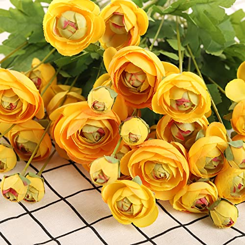 Artificial Silk Flowers Persian Buttercup Heavy Color Ranunculus Flower 5 Pcs,Suitable for core Decoration,Wedding Floral Creation,Flower Arrangement DIY Project,Interior Decor（Yellow） - color: Yellow