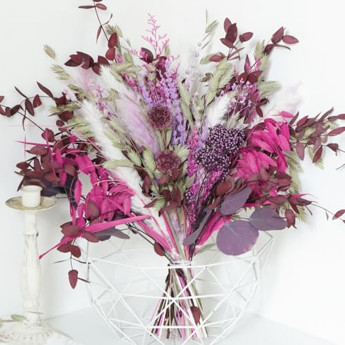 Magenta & Plum Purple Dried Flower Bouquet, Boho Burgundy Preserved Floral Arrangement with Pampas Grass & Eucalyptus, Long-Lasting Berry Tone Dried Flowers for Home Decor, Wedding & Fall Décor - color: Magenta & Plum Dried Flower Bouquet