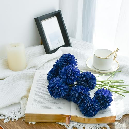 Mandy's 12pcs Artificial Royal Blue Chrysanthemum | 11.8 inch Artificial Mums Flowers for Home Table Centerpiece Summer Decor Silk Flowers for Porch Patio and Wedding - color: Royal Blue