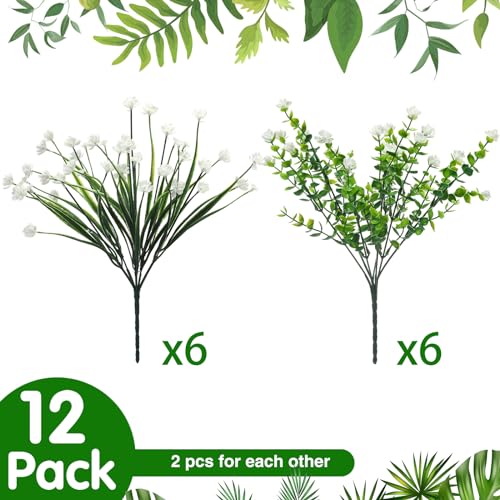 WILLBOND 12 Bundles Artificial Flowers Outdoor, UV Resistant Faux Artificial Plants Shrubs Plastic Flower Bulk for Hanging Planter Porch Window Home Spring Summer Decor(White) - color: White