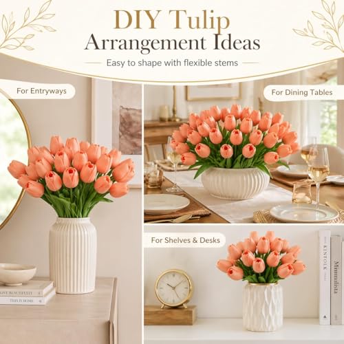 MACTING 30PCS Artificial Tulip Flowers 13.7" Real Touch Fake Tulips Faux Flowers for Floral Arrangements Table Centerpieces Kitchen Dining Room Mothers Day Summer Decorations,Light Orange - color: Light Orange