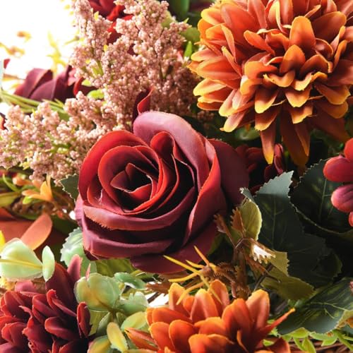 Homsunny Artificial Fake Fall Flowers Centerpieces for Table Decoration, 4 Pcs Faux Silk Flower Arrangements with Mums Chrysanthemum Rose Daisy Floral Bouquets for Home Wedding Party Autumn Decor - color: Orange Brown