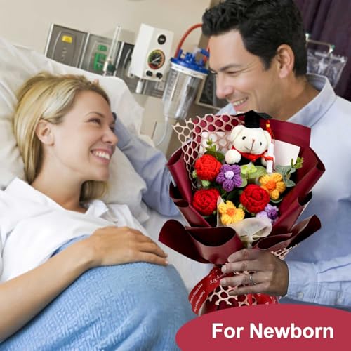 Graduation Gifts Crochet Flowers Bouquet, Handmade Sunflower Rose Bear Graduations Flower Bouquet for Birthday, Teacher Appreciation Gifts, Christmas, Home Décor (Include Card) Red - color: Red