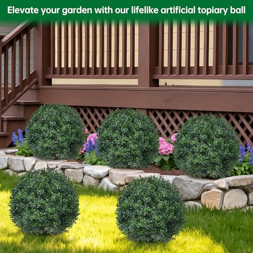 Artificial Boxwood Topiary Trees with Ground Spike,4 Pieces Fake Boxwood Ball Shrubs Bushes, UV Resistant Faux Evergreen Cypress Tree Plants for Indoor Outdoor Planters Front Porch - color: Green