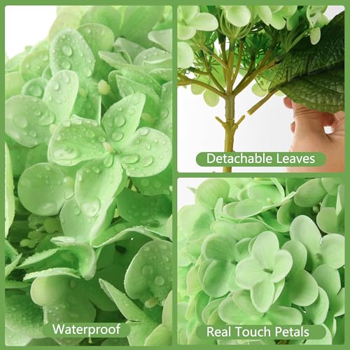Real Touch Faux Hydrangea Flowers in Glass Vase, No Watering Needed Silk Hydrangea Artificial Flowers for Farmhouse Wedding Decor Dining Table Centerpiece Bedroom Decor - color: Light Green
