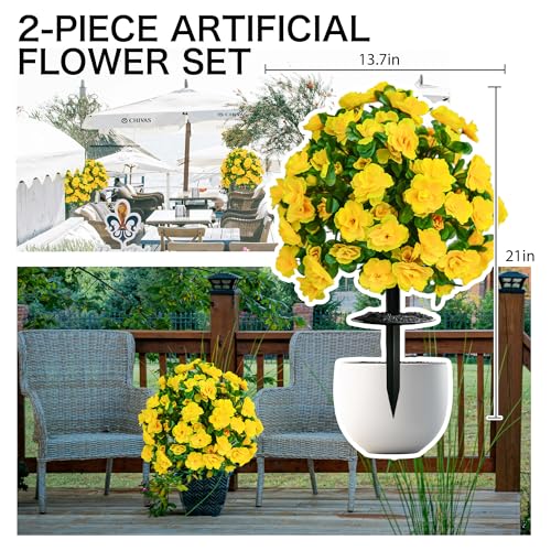 Artificial Flowers for Outdoors, Faux Outdoor Plants Fake Plants Topiary Balls Artificial Outdoor Set of 2 with Ground Spike for Home Front Porch Patio Garden Decor (Yellow) - color: Yellow