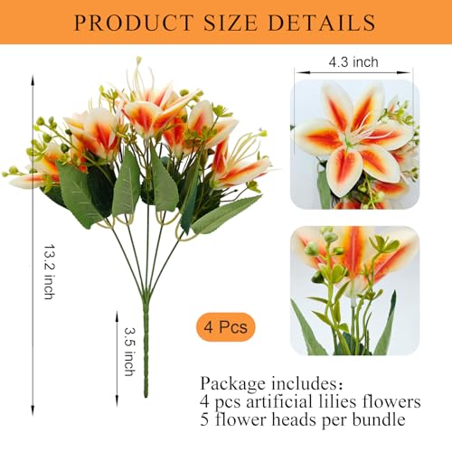 4 Bundles Artificial Tiger Lily Silk Flowers Faux Fake Lilies Plants for Wedding Bouquet Home Party Indoor Table Hotel Office Vases Floral Arrangements Outdoor Garden Decor (Orange) - color: Orange