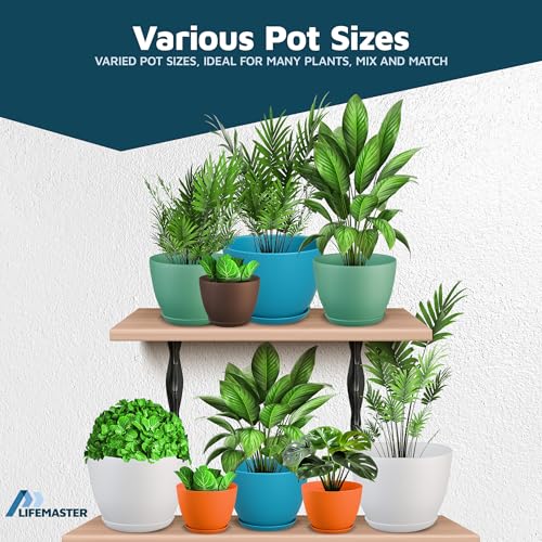 Multicolor Plant Pots with Drainage Holes & Saucers 5 Pack, Indoor & Outdoor Stackable Space-Saving Planters for Houseplants & Flowers, (7", 6.7", 6", 5.3", and 4.8" Inches), Durable & Weatherproof - color: Multicolor, size: Pack of 5