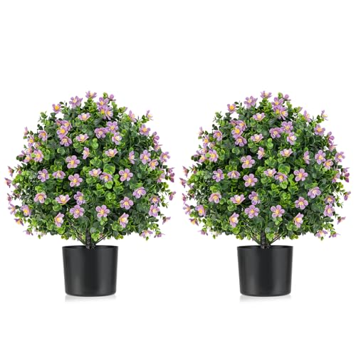 Goplus 21.5'' Artificial Boxwood Topiary Ball Tree, Set of 2 Faux Potted Plants Artificial Shrubs Bushes with Flowers, Fake Evergreen Artificial Topiary for Indoor Outdoor Home Front Porch Decor - color: Purple