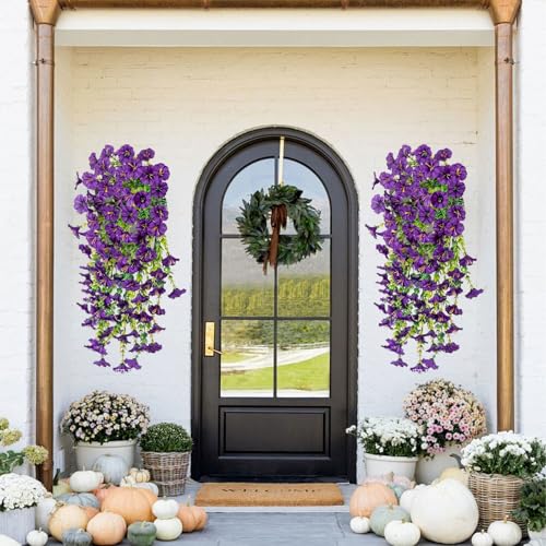 4PCs Hanging Morning Glory UV Resistant Artificial Outdoor Flowers,Faux Flowers for Planters,Hyeflora Cascading Plants Garden,Home Decor,Wedding,Patio,Porch,Yard(Purple,2 Bunches/4Pcs) - color: Purple, size: 2 Bunches/ 4Pcs