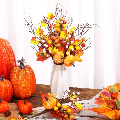 Hotop Fall Decor 12 Pcs Floral Picks Artificial Autumn Pumpkin Orange Berry Flower Maple Leaves Stems Vase Decorations for Home Harvest Holiday Thanksgiving Table Indoor Decor(Pumpkin Style)
