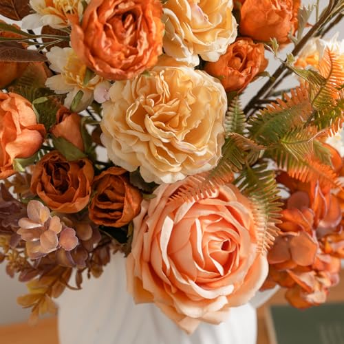 17-inch Artificial Fake Flowers Silk Flower Arrangements Faux Bouquets Consists of Ranunculus, Wild Chrysanthemums, Roses, Hydrangeas and Some Filler Greens - color: Sunset Blush