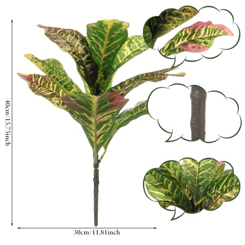 Hotop 4 Pcs Artificial Croton Plant 15.8 Inch Faux Greenery Leaf Branches Lifelike Tropical Houseplant Bush Stems for Home Office Garden Pot Decoration
