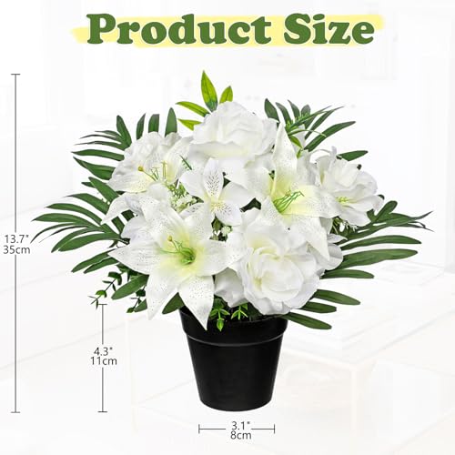 Hollyone Artificial Cemetery Flower for Graves, White Faux Lily Rose Flowers in Pot Silk Cemetery Memorial Flowers for Outdoors Gravesites Headstones Home Decoration - color: White-rose Lily