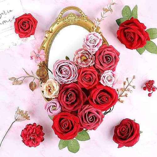 AGIRL Red Artificial Flowers Combo Fake Flowers Red Rose Silk Flowers Fake Floral Arrangements for Valentine's Day DIY Wedding Bouquets Centerpieces Table Decor Baby Shower Home Decor - color: Red