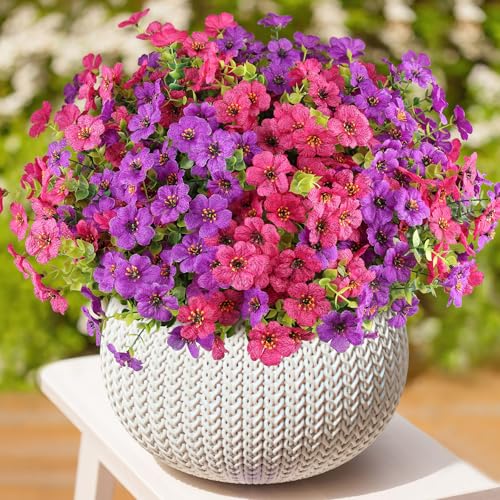 AmyHomie 16 Bundles Artificial Flowers for Outdoor Outside Spring Summer Decoration UV Resistant Faux Flowers No Fade Fake Plastic Plants Garden Porch Window Box Decorating - color: Fuchsia Purple, size: 16