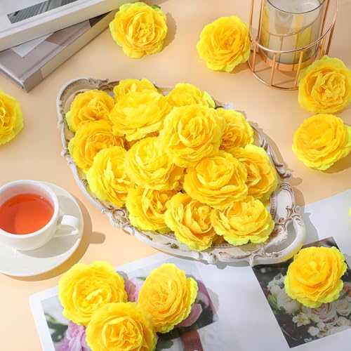 Thiccywoov 50 Pcs Artificial Flowers, 3.2 Inches Silk Rose Head Flowers Fake No Stem for Wedding Bridal Bouquet Home Floral Decor DIY Centerpieces Arrangements Party Tables Decoration(Yellow) - color: Yellow