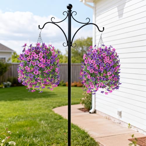 Artificial Hanging Baskets Outdoor, 4 Bundles Artificial Hanging Flowers Outdoors Spring Summer Decoration, No Fade Realistic Fake Hanging Baskets for Porch Patio Balcony Home Yard Decor - color: Double Purple