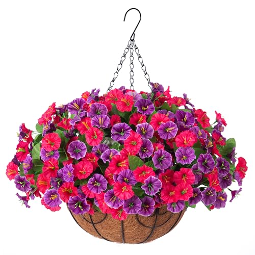 Ammyoo Artificial Fake Hanging Flowers with Basket, Faux Silk Morning Glory Flower Arrangement for Spring Summer Decor, Hanging Plant for Patio Garden Porch Outdoor Decor - color: Lotus Rose