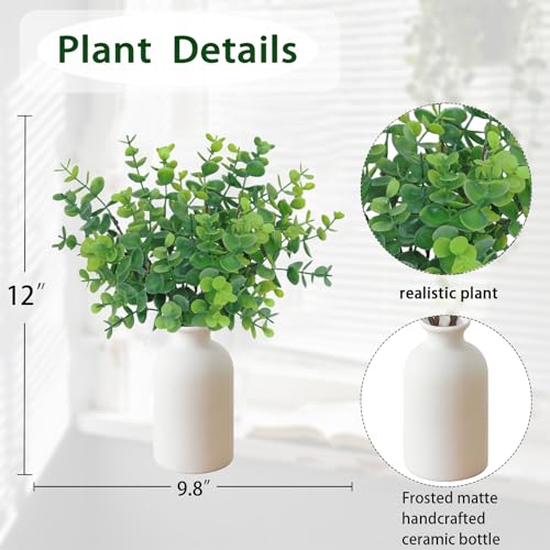 12" Artificial Sage Eucalyptus Stems Potted Plant - Realistic Small Fake Desk Plants for Office Home Decor, Faux Plants in Frosted Ceramic Vase for Indoor Spaces, Table Decor（7 pcs） - color: Sage Green Eucalyptus