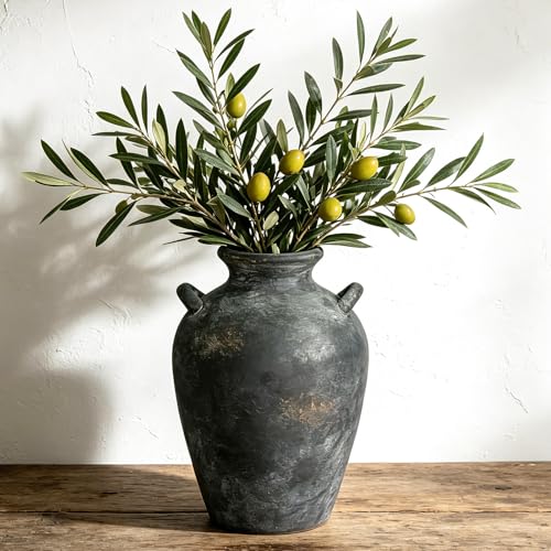 Ceramic Flower Vase with Handles, 9.2 Inch Rustic Vase Farmhouse Decorative Pottery Vase for Home Decor, Living Room, Bathroom, Kitchen, Shelf, Mantel, Black - color: 9.2"h-black