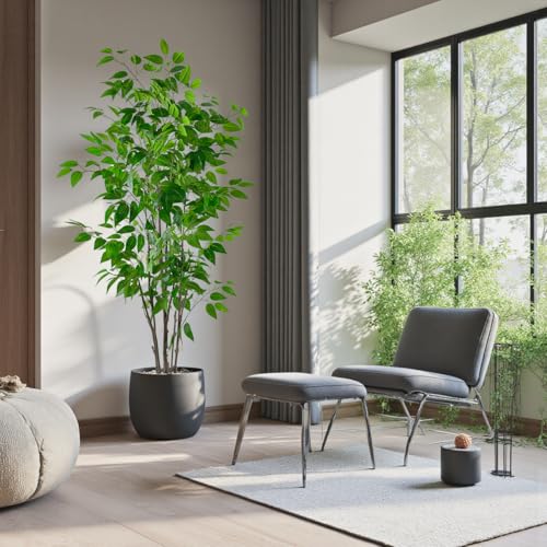 5ft Artificial Ficus Tree with White Plastic Planter | Collapsible trunk structure enables quick assembly and compact space-saving storage - color: Green, size: 5ft