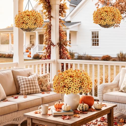 22 Pack Artificial Flowers Outdoor Fake Plants, Faux Flowers UV Resistant with Plastic Plant, Faux Silk Flowers for Outdoors Outside Front Porch Hanging Planter Window Garden Decoration(Autumn Yellow) - color: Autumn Yellow, size: 22 Bundles