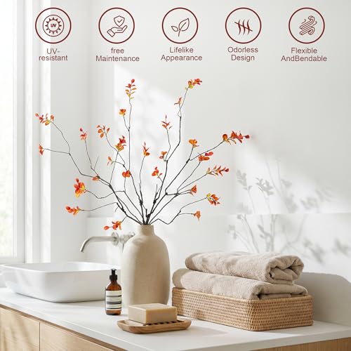 Ttranewsoo Fall Stems Artificial Ficus Branches, 35.4 Inch Faux Eucalyptus Stems Fall Decor, Fake Leaves Fall Decorations for Home, Autumn Table Decor Fall Branches for Vase (Yellow, 4 Pcs) - color: Orange2