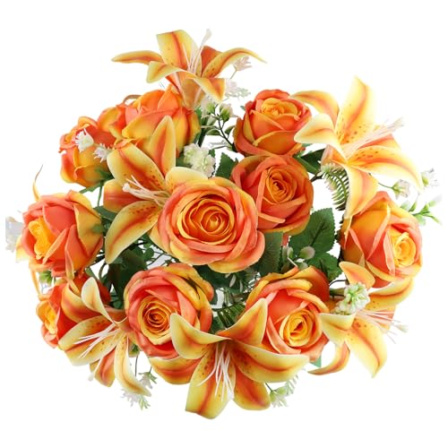 2 Set Artificial Cemetery Flowers with Grave Vase-2 Bunches Lilies & Rose Mixed Orangish Yellow Silk Memorial Flowers-2 Cemetry Vase with Foam for Outdoor Headstones Gravesite Graveyard Decorations - color: Orangish Yellow