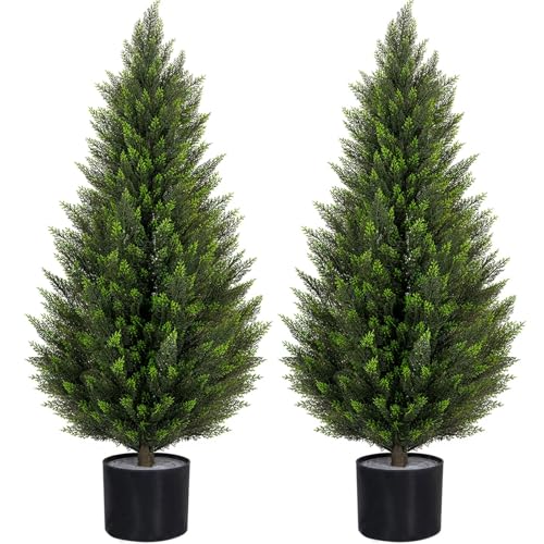 Artificial Cedar Trees 5FT Faux Cedar Topiary Evergreen Plants UV Resistant Outdoor Indoor Fake Cypress Pine Trees with Planter for Front Porch Entryway Patio Garden Home Decor Set of 2 - size: 5ft