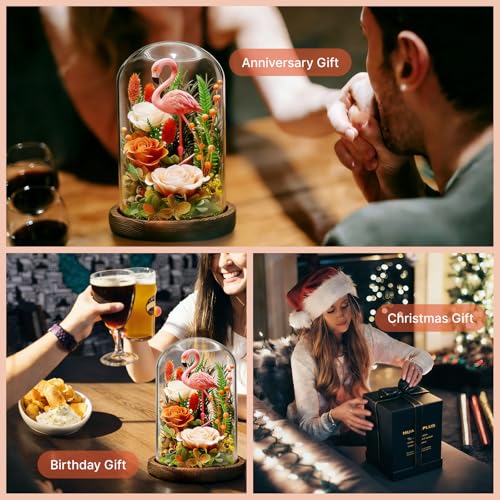 Eternal Flowers with Flamingo-Big Flower Big Love- Graduation Flowers Gifts for Daughter Wife Mom-Forever Flower in Glass Dome-Flowers for Delivery Prime on Anniversary Valentines Birthday(Champagne) - color: Champagne