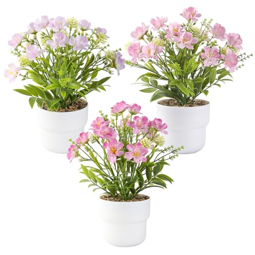 3-Piece Artificial Table Plant ， Lifelike Indoor Plants for Home, Office, Bedroom, Bathroom Decor ，Rustic Farmhouse Style mini Potted plantsry - color: Pink/Red /Purple