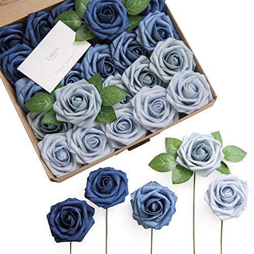Ling's moment Artificial Flowers, 50Pcs 3" Roses in Dusty Blue Shades, Realistic DIY Foam Floral Decor for Wedding Bouquets/Centerpieces, Outdoor Party Backdrops, Room/Table, Garden/Pot Decorations - color: Shades of Navy Blue, size: 50Pcs
