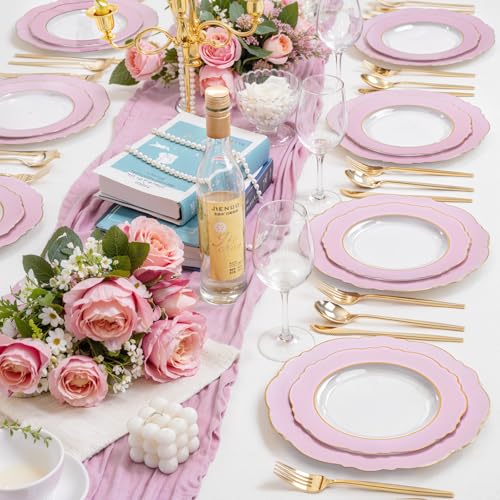 WDF 60Pcs Pink Plates Disposable with Gold Rim - Baroque Clear Pink and Gold Plastic Party Plates Ideal for Wedding/Baby Shower/Spring - color: Clear Pink with Gold Rim, size: 60PCS