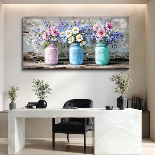 ZUITINGHUA Canvas Wall Art For Living Room Large Wall Decor For Office Bedroom Decoration Vintage Landscape Picture Mason Jar Floral Painting Artwork Room Wall Mural Aesthetic Home Decor 30x60 In - color: Vintage Mason Jar Floral, size: 60"L x 30"W
