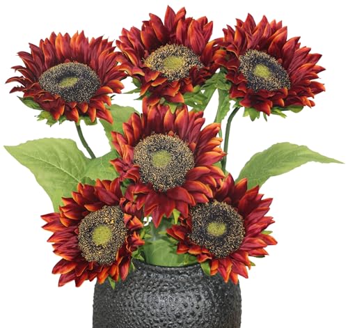 Olrla Long Stem Artificial Sunflowers 6pcs, Red Silk Faux Sunflower for Flowers Arrangement Wedding Bouquet Table Centerpieces Home Office Decoration（NO VASE） - color: Red Long Stem