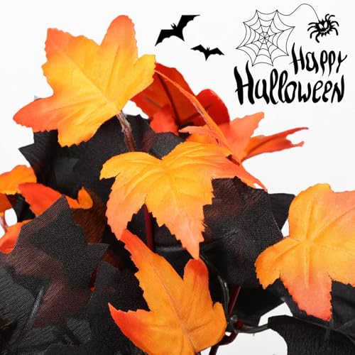 XunYee 8 Pcs Halloween Black Maple Leaves Branches Halloween Flowers Artificial Fall Autumn Leaves Stems Bouquet for Thanksgiving Holiday Floral Arrangement Table Centerpiece Home Decor