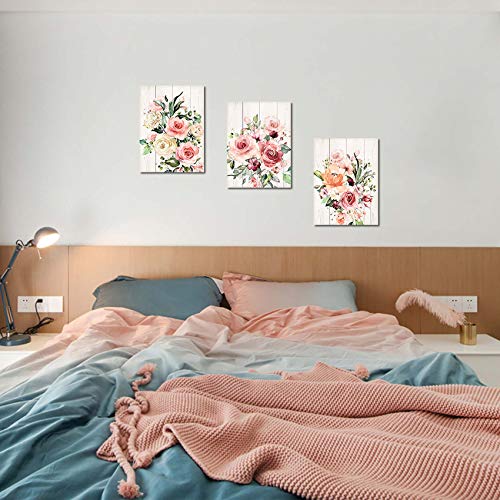 Pink Flower Home Decor Bathroom Wall Art Canvas Framed Wall Art for Girls Bedroom Bathroom Pictures Wood Grain Kitchen Modern Wall Decor Colorful Artwork for Walls Decoration Size 12x16 Each Panel
