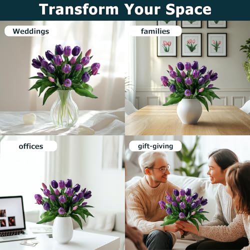 Bailikang 20PCS Fake Tulips 12' Artificial Tulip Silk Flowers Fake PU Bouquet Artificial Flowers Faux Flowers with Gift Box Soft Faux Tulips Bouquets Arrangements for Party Wedding Home - color: Purple+light Purple