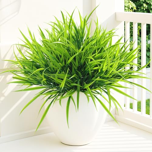 Uieke 12 Bundles Artificial Outdoor Plants UV Resistant Fake Grass Plants Faux Plastic Plants Greenery Shrubs for Home Garden Pathway Window Box Front Porch Spring Summer Decor, Green - color: Green, size: 12