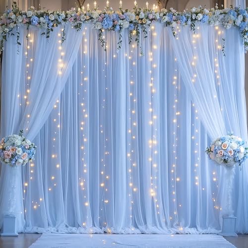 Baby Blue Backdrop Curtains with Lights String for Baby Shower Parties 2 Panels 5×10ft Sheer Tulle Backdrop Curtain Panels for Birthday Party Bridal Shower Photo Shoot Background Wall Decorations - color: Baby Blue, size: 10 ft X 10 ft(2 Panels 5ft X 10ft