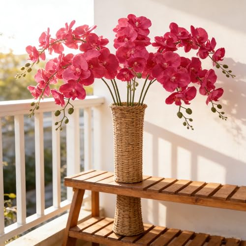 HCTCPALS Artificial Flowers for Outdoors 6 Pcs Orchids Plant Realistic Silk Fake Flowers for UV Resistant Faux Plants Outdoor Indoor Outside Front Porch Hanging Planter Decoration-38" Rose Red - color: Orchid Rose-red
