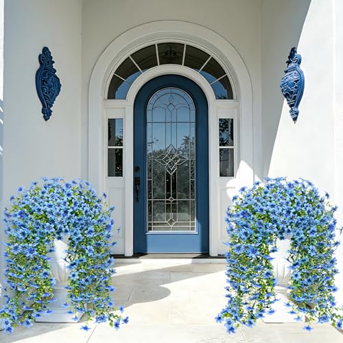Roberly 4 Pcs Artificial Hanging Flowers for Outdoors, Realistic Faux Silk Flowers UV Resistant Fake Greenery Plants for Spring Summer Garden Porch Indoor Outdoor Home Decor, Blue - color: Blue