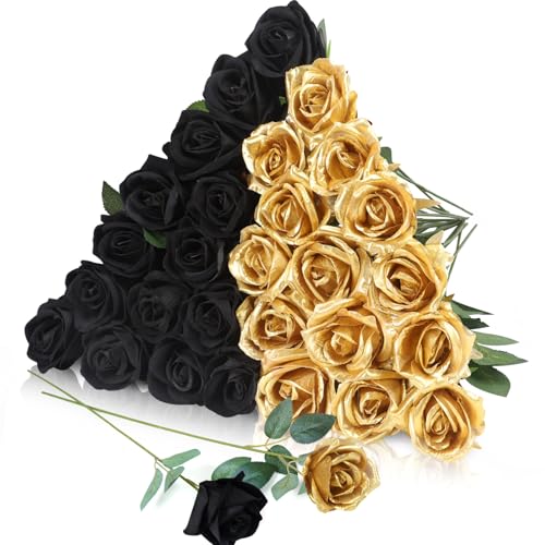 30pcs Fake Roses Artificial Silk Flowers Long Stems Bouquet for Wedding Bridal Shower Party Home Decoration (Black + Gold) - color: Black + Gold