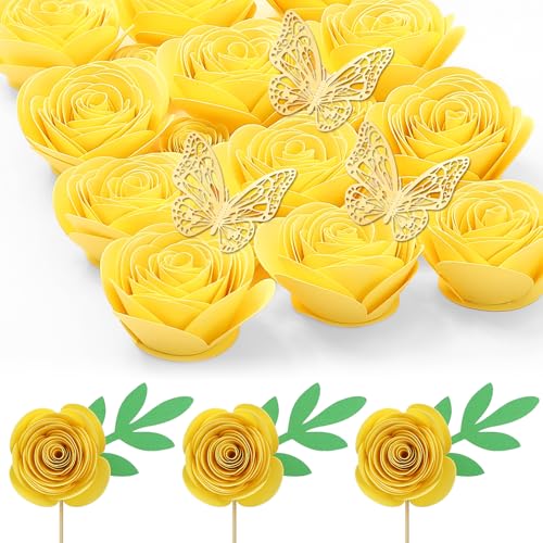 Mverse Yellow Roses Artificial Flowers, Rolled Paper Flowers Decorations for Floral Letters, Shadow Box Frame, Graduation Cap, Room Decor (18 Pieces, Light Yellow) - color: 10- Light Yellow