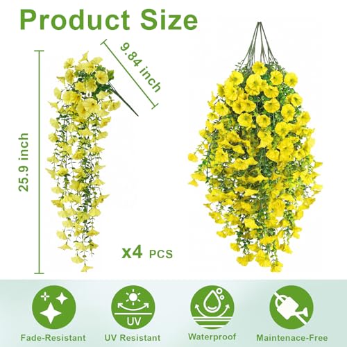 Artificial Hanging Flowers for Outdoor, 4Pcs UV Resistant Faux Morning Glory Flower Spring Summer Decroation, No Fade Fake Flower Trailing Vine for Porch Patio Balcony Yard Garden (Yellow) - color: Yellow
